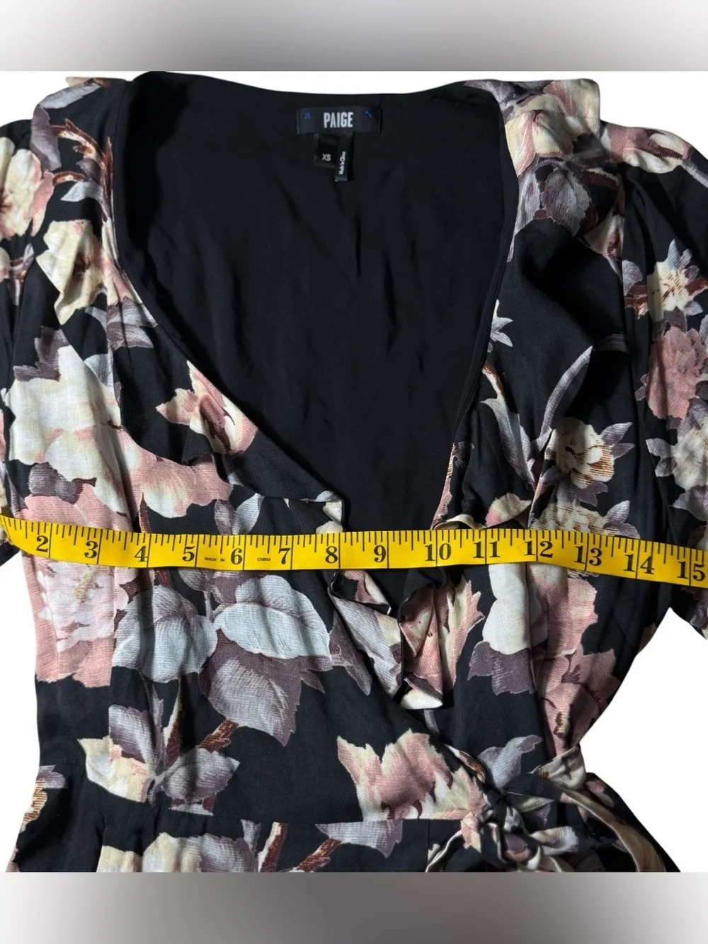 PAIGE Cardamom Floral Wrap Dress Black Evening Sand Ruffle Short Sleeve XS - Picture 14 of 15